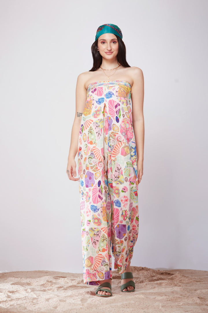 White Block Print Off Shoulder, Elephant Leg Jumpsuit-Siddhartha Bansal