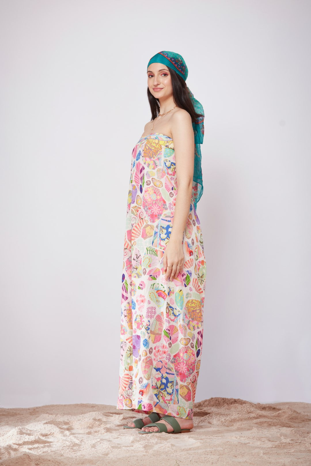 White Block Print Off Shoulder, Elephant Leg Jumpsuit-Siddhartha Bansal