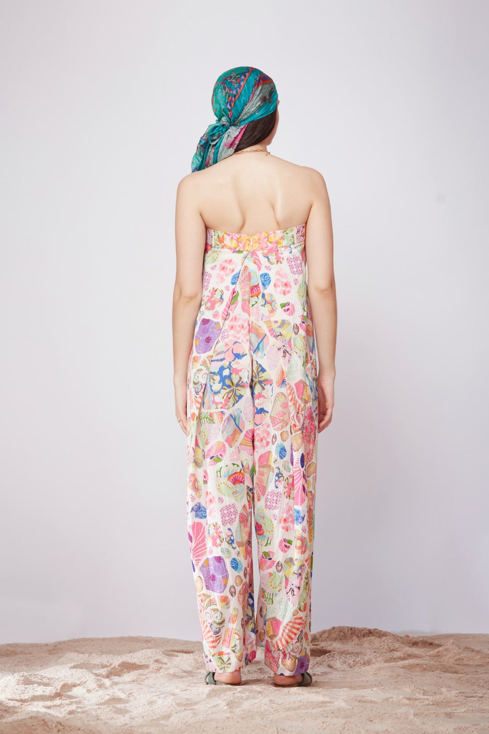 White Block Print Off Shoulder, Elephant Leg Jumpsuit-Siddhartha Bansal