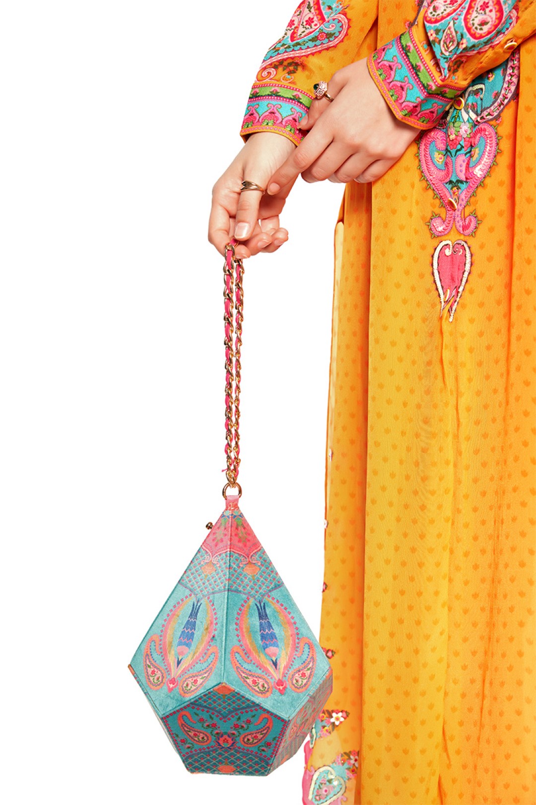 Bule Paisely Dodecahedron Shape Potli Bag With Chain Strap-Bags-Siddhartha Bansal