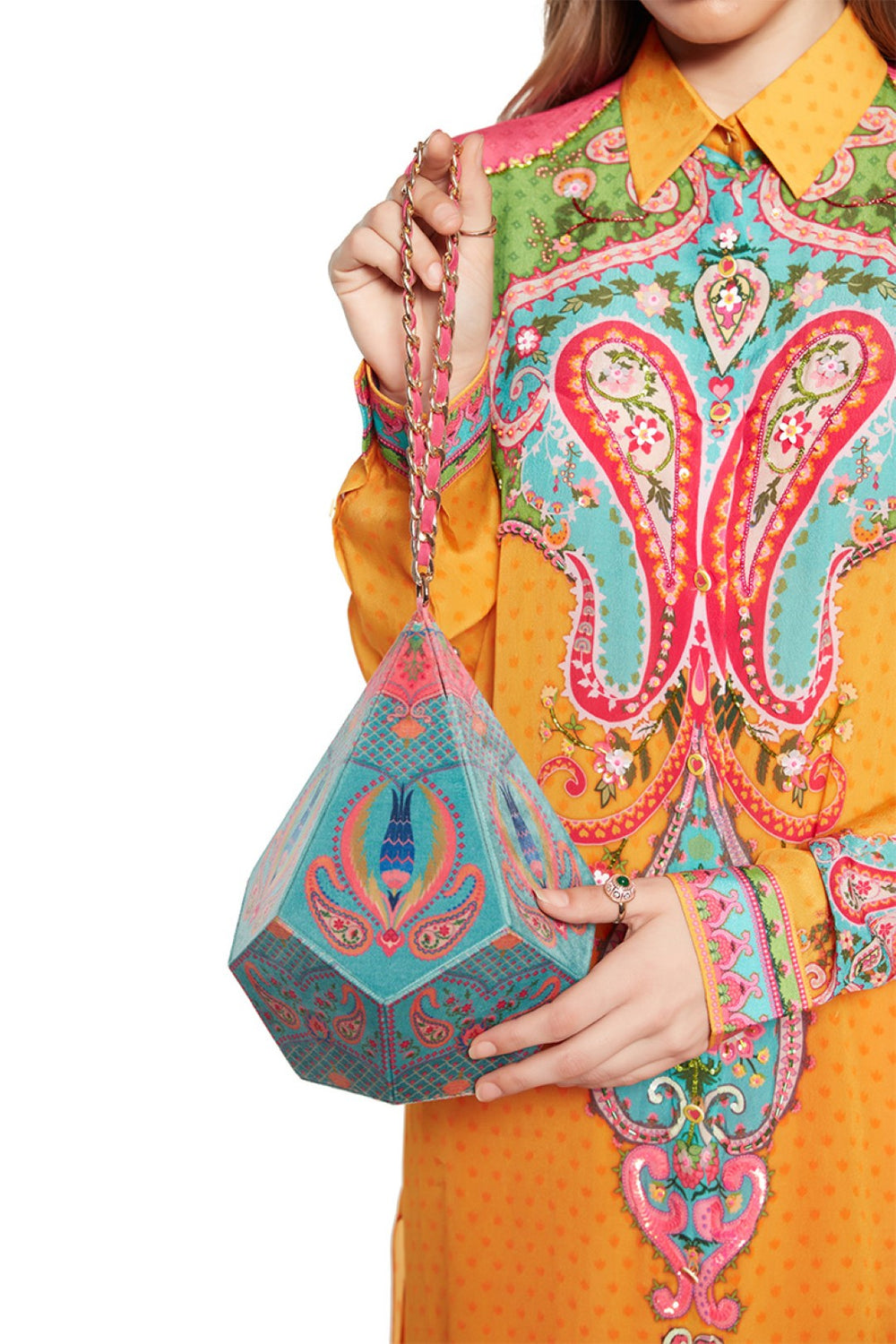 Bule Paisely Dodecahedron Shape Potli Bag With Chain Strap-Bags-Siddhartha Bansal