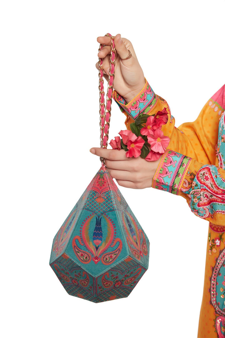 Bule Paisely Dodecahedron Shape Potli Bag With Chain Strap-Bags-Siddhartha Bansal