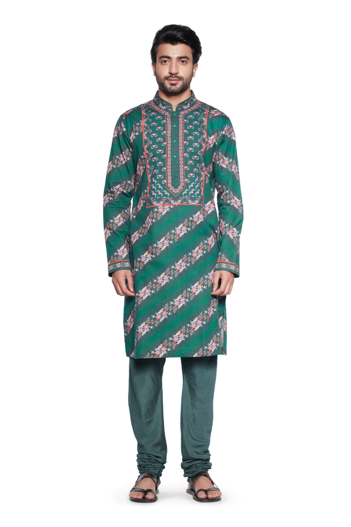 Green Stripe Mens Kurta Set-Mens Wear-Siddhartha Bansal