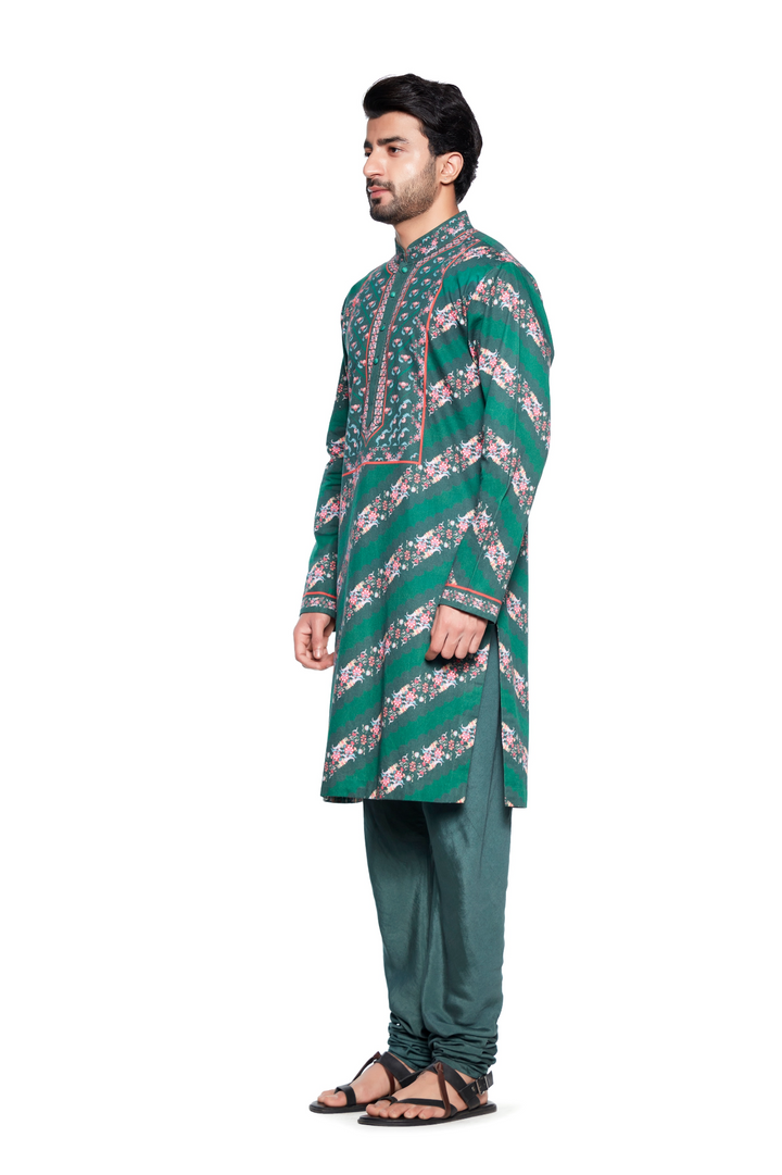 Green Stripe Mens Kurta Set-Mens Wear-Siddhartha Bansal
