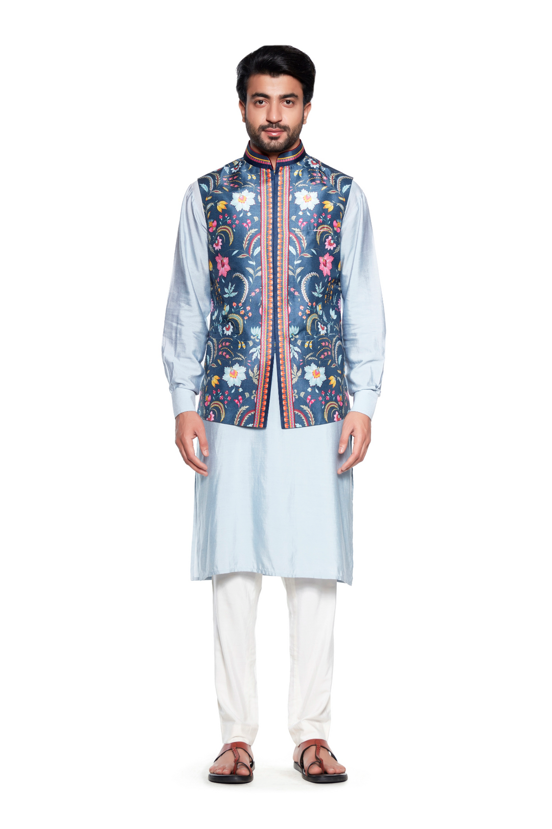 Dark Grey Chintz Nehru Jacket-Mens Wear-Siddhartha Bansal