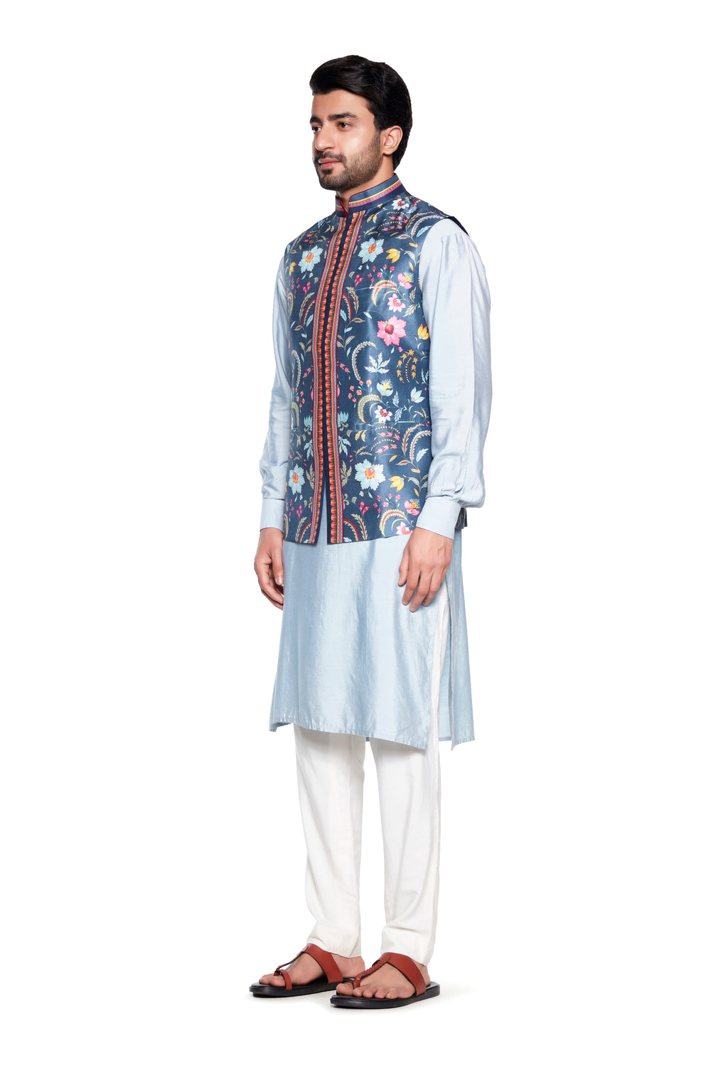 Dark Grey Chintz Nehru Jacket-Mens Wear-Siddhartha Bansal
