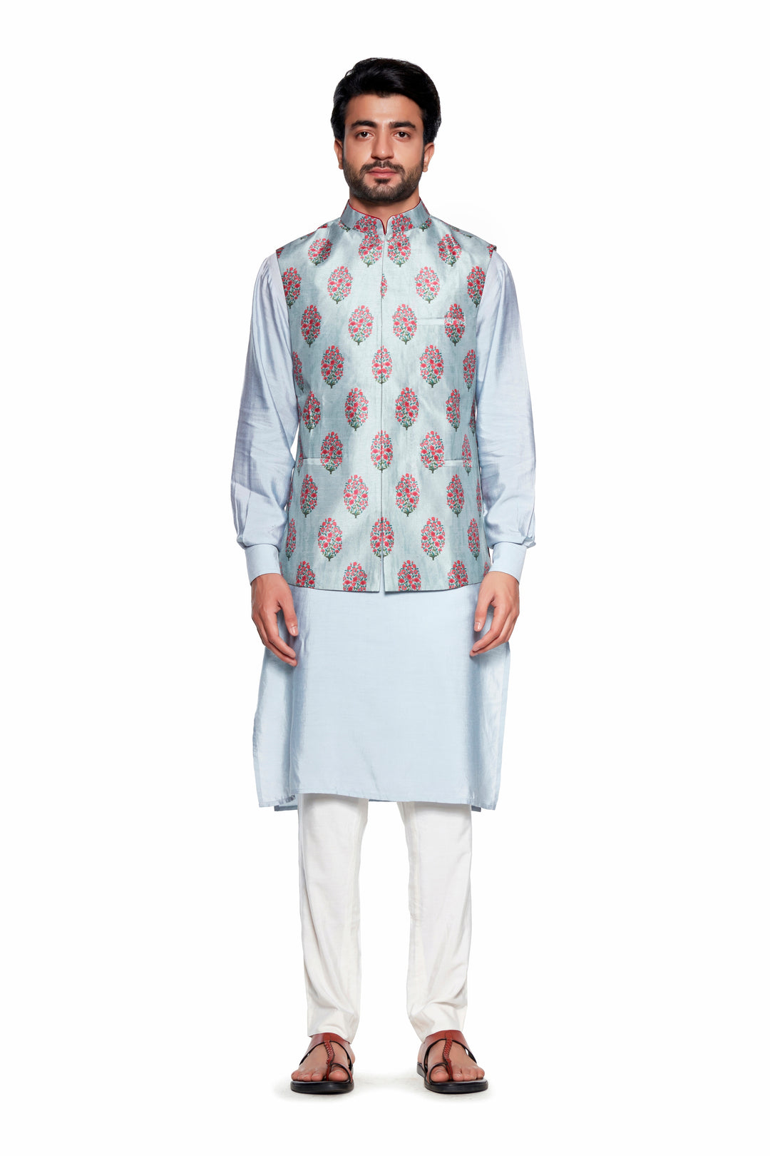 Grey Flower Nehru Jacket-Mens Wear-Siddhartha Bansal