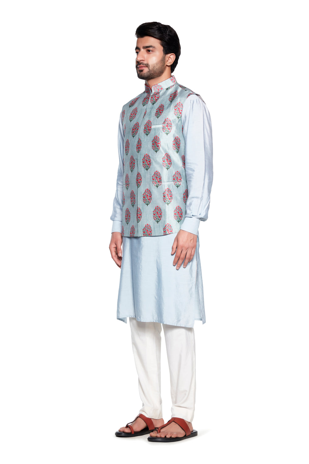 Grey Flower Nehru Jacket-Mens Wear-Siddhartha Bansal