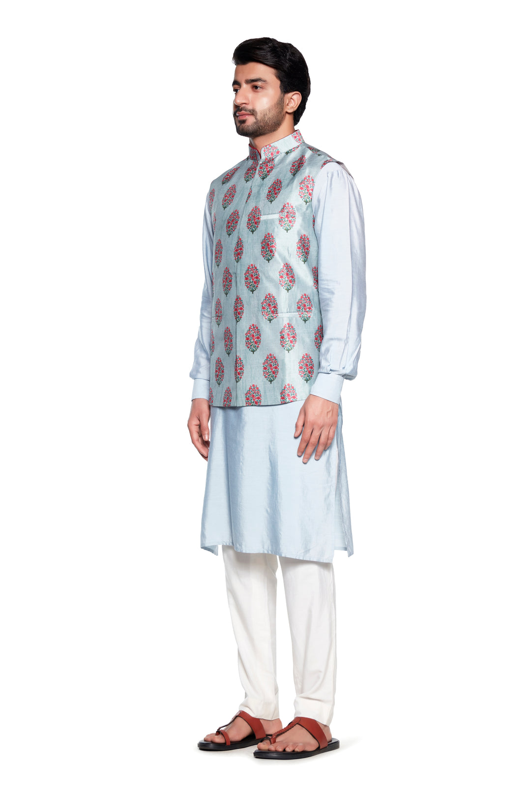 Grey Flower Nehru Jacket-Mens Wear-Siddhartha Bansal