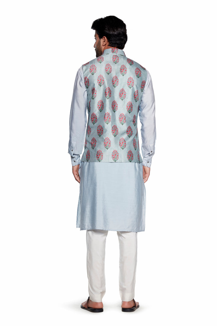 Grey Flower Nehru Jacket-Mens Wear-Siddhartha Bansal