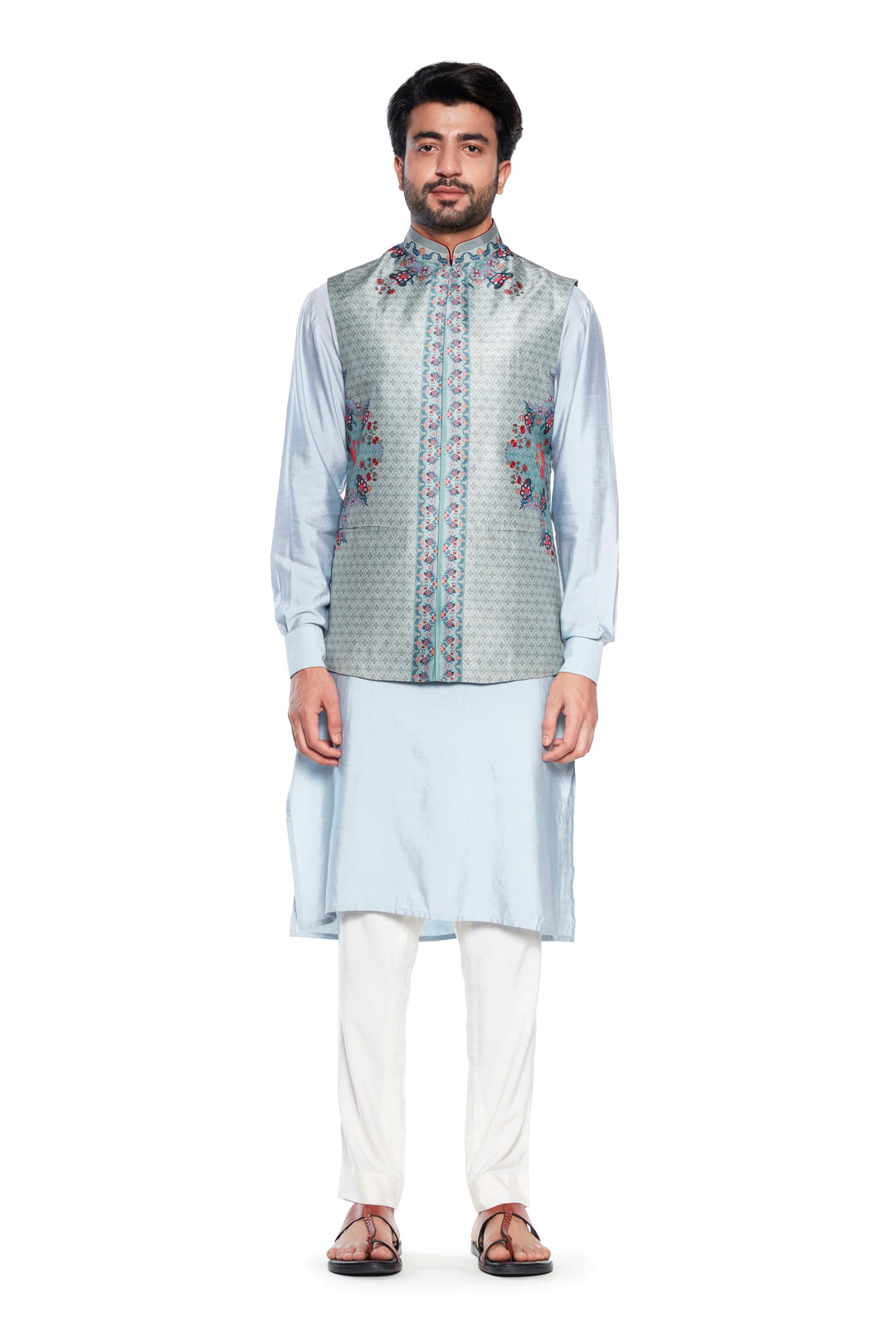 Grey Chintz Nehru Jacket-Mens Wear-Siddhartha Bansal