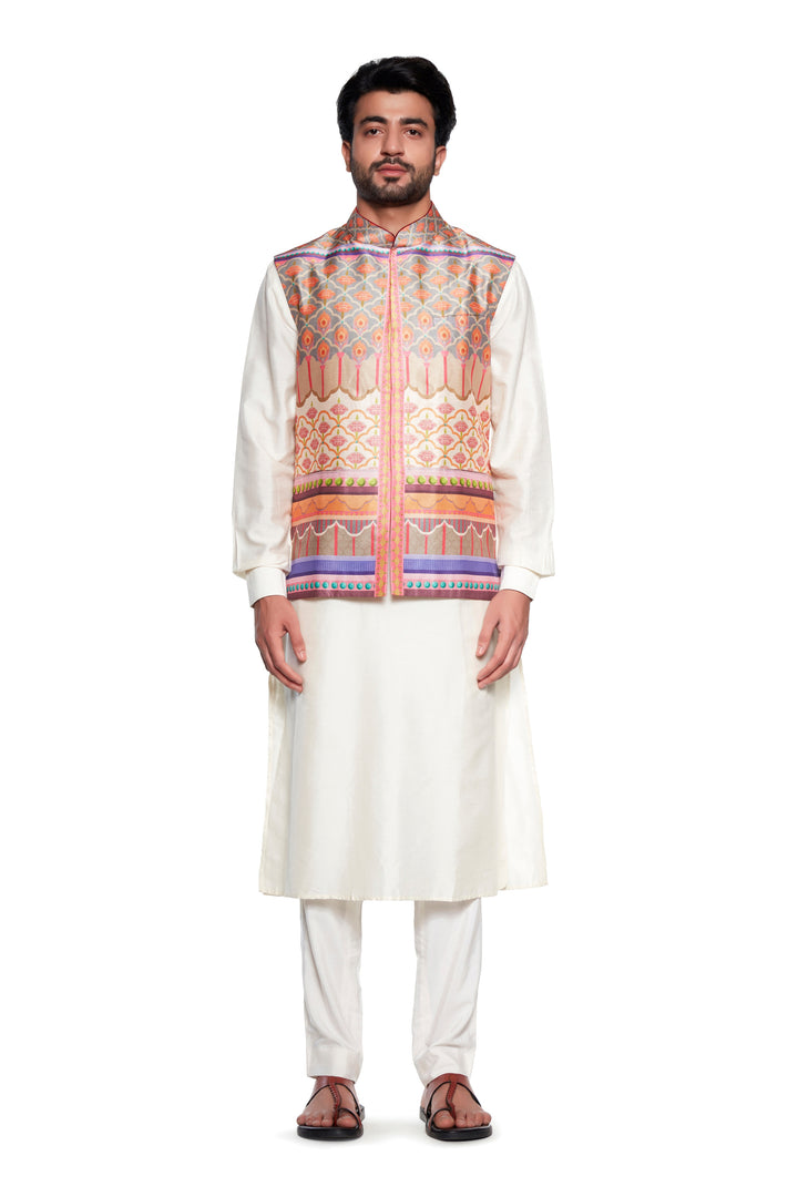 Peach Printed Nehru Jacket-Mens Wear-Siddhartha Bansal
