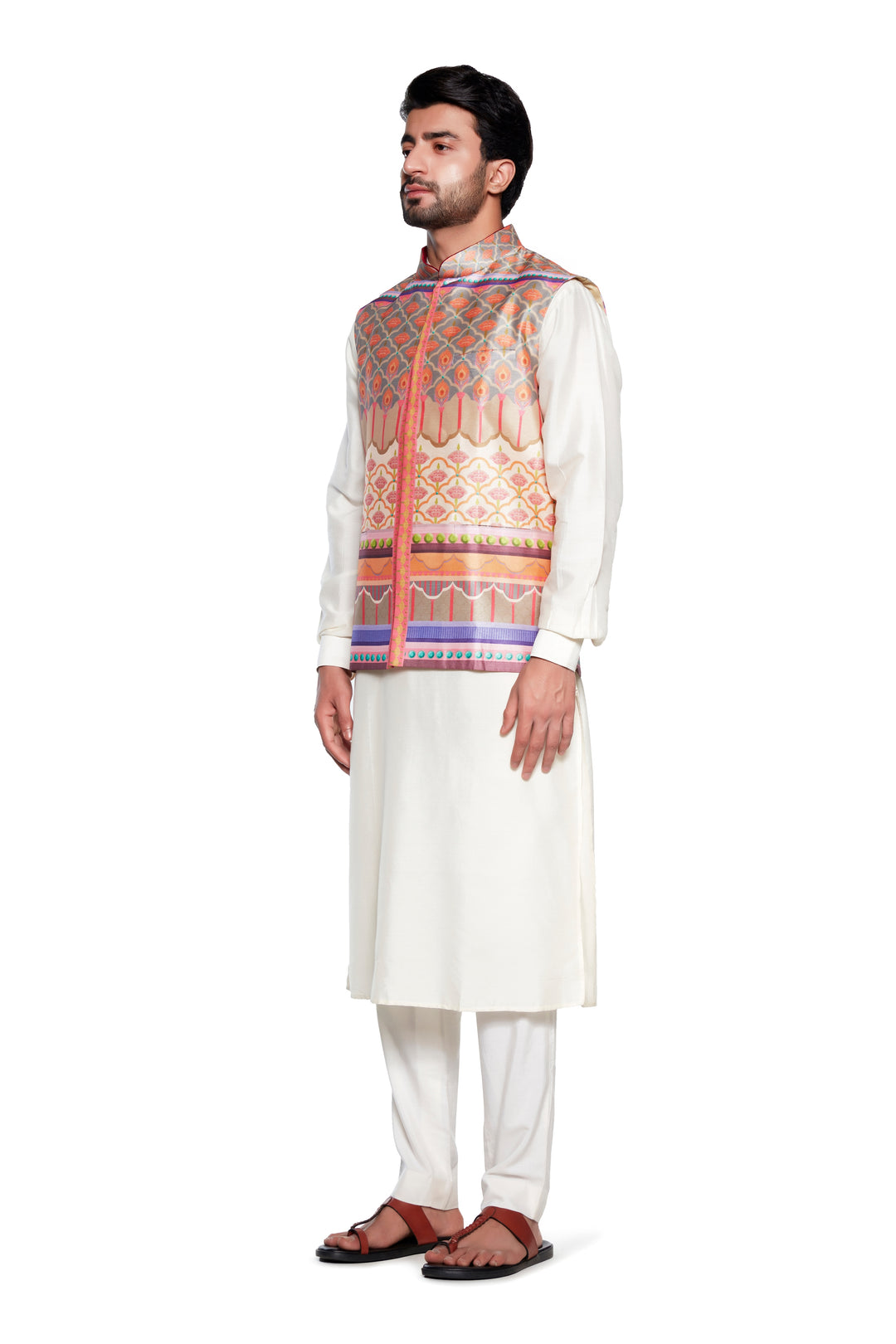 Peach Printed Nehru Jacket-Mens Wear-Siddhartha Bansal
