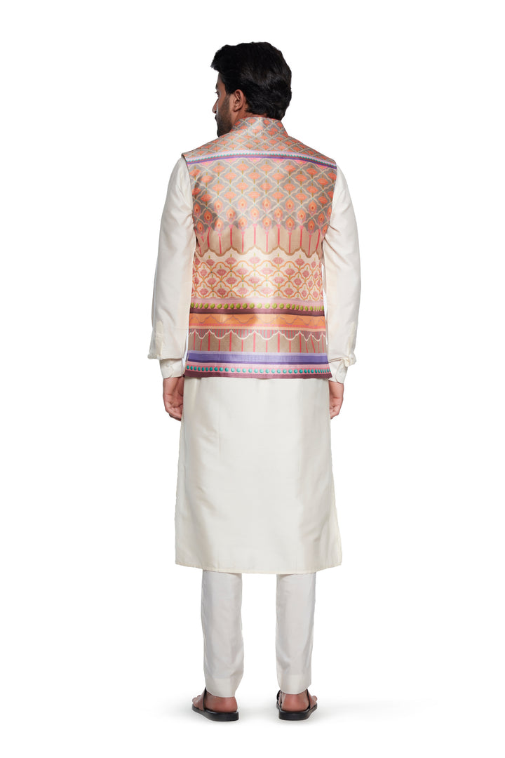 Peach Printed Nehru Jacket-Mens Wear-Siddhartha Bansal