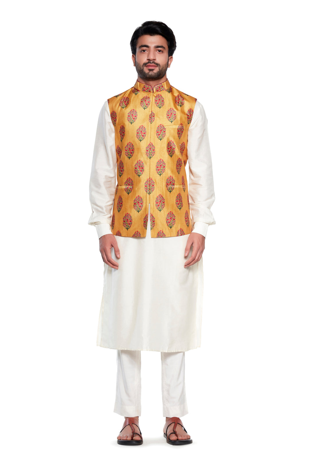 Yellow Flower Nehru Jacket-Mens Wear-Siddhartha Bansal