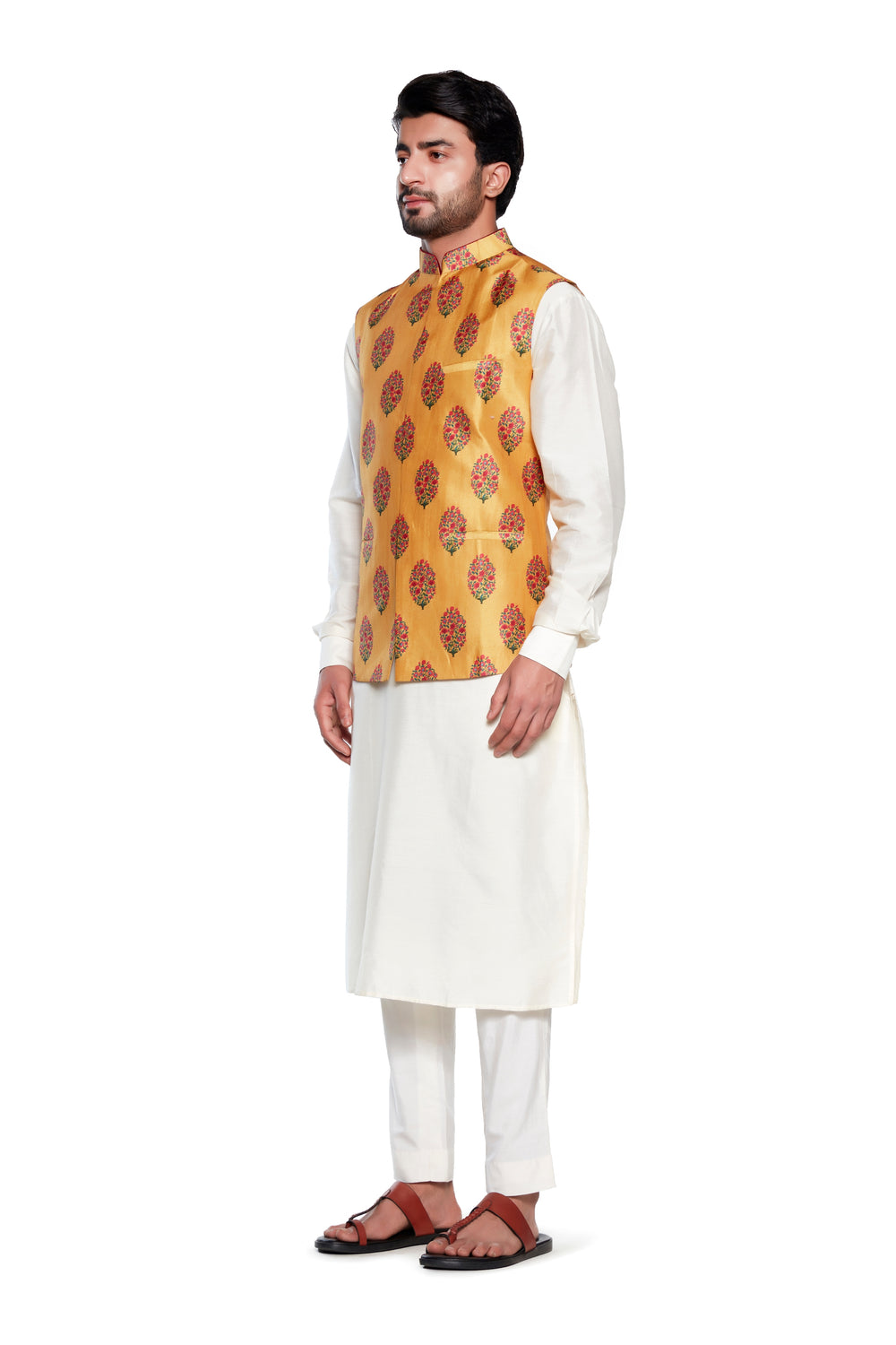 Yellow Flower Nehru Jacket-Mens Wear-Siddhartha Bansal