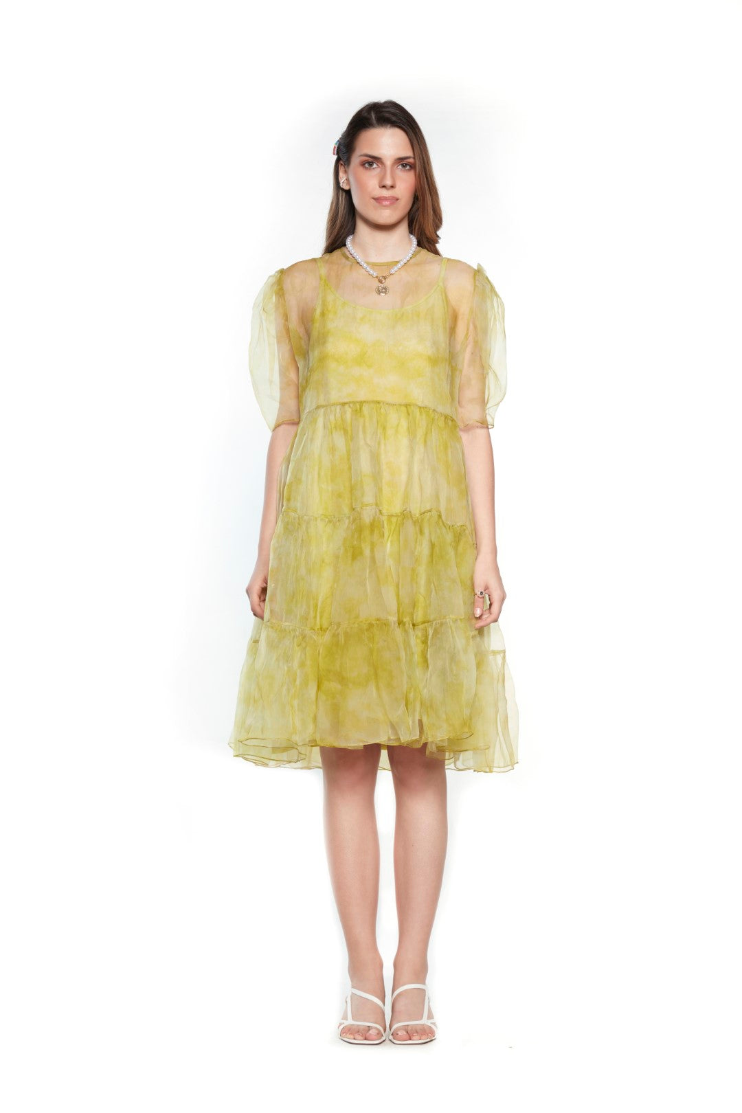 Yellow Tie Dye Organza Dress With Slip-Siddhartha Bansal