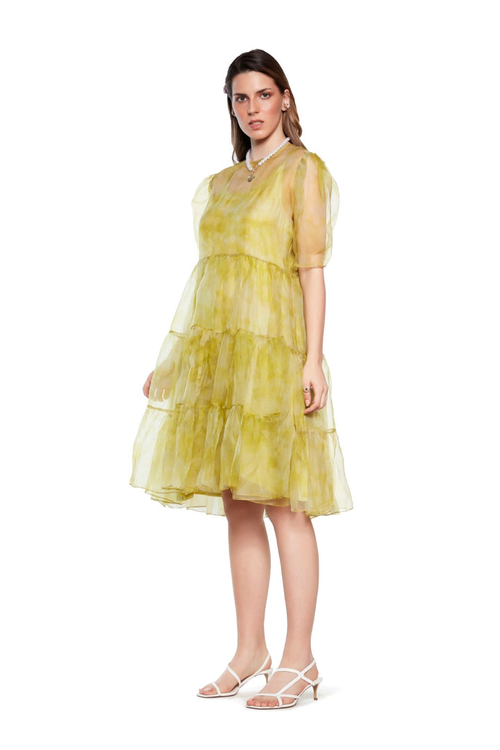Yellow Tie Dye Organza Dress With Slip-Siddhartha Bansal