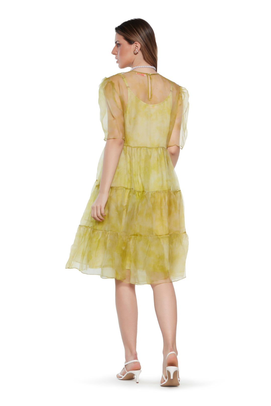 Yellow Tie Dye Organza Dress With Slip M