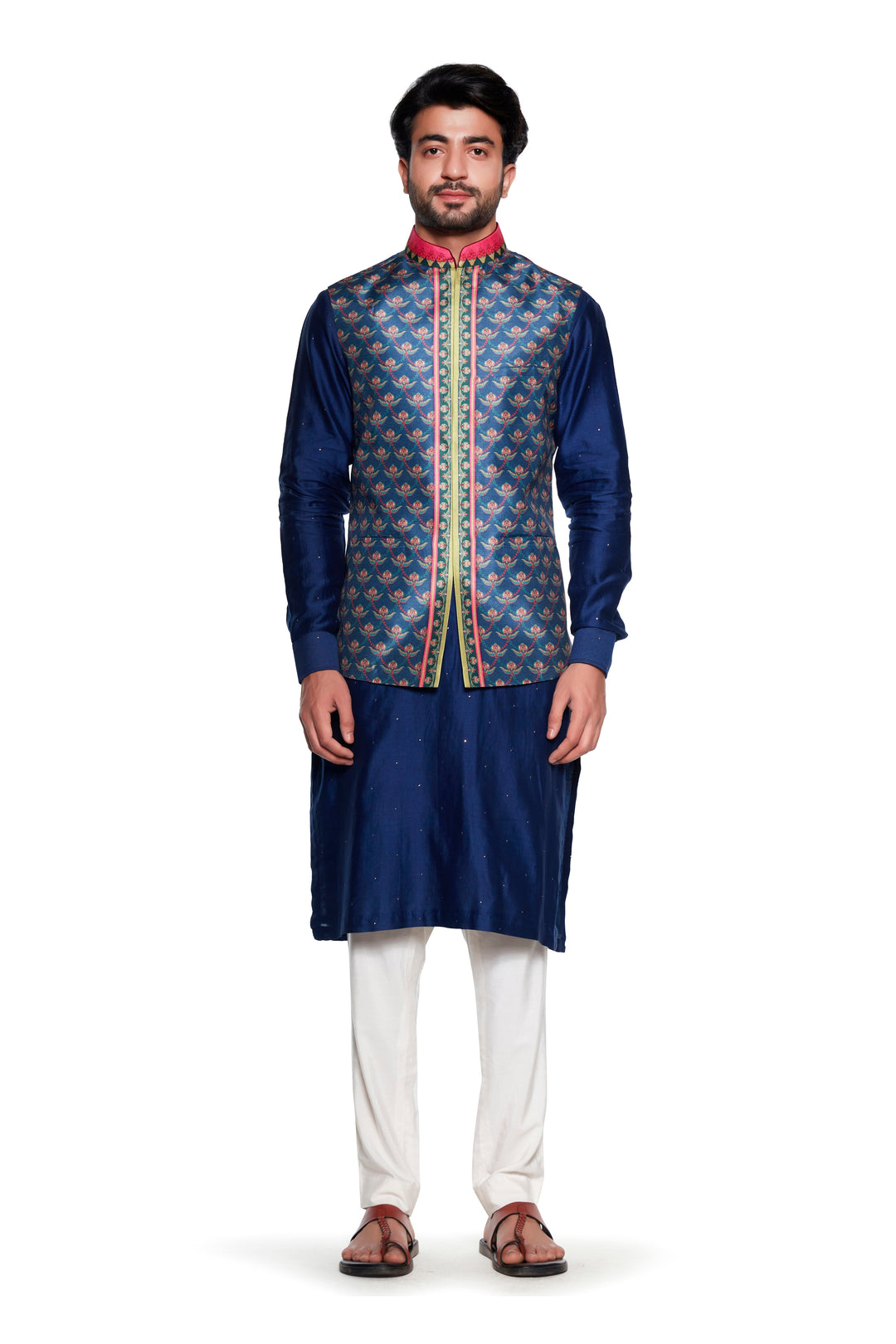 Blue Chintz Nehru Jacket-Mens Wear-Siddhartha Bansal