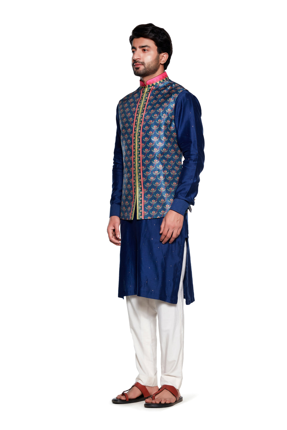 Blue Chintz Nehru Jacket-Mens Wear-Siddhartha Bansal