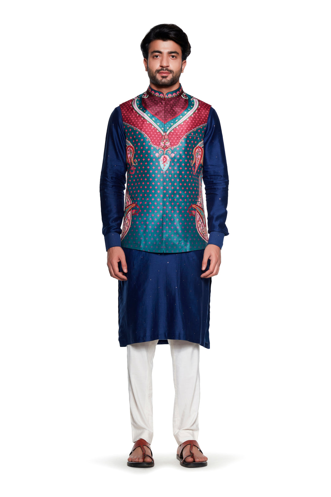 Maroon Blue Paisley Nehru Jacket-Mens Wear-Siddhartha Bansal