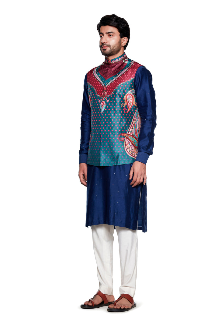 Maroon Blue Paisley Nehru Jacket-Mens Wear-Siddhartha Bansal