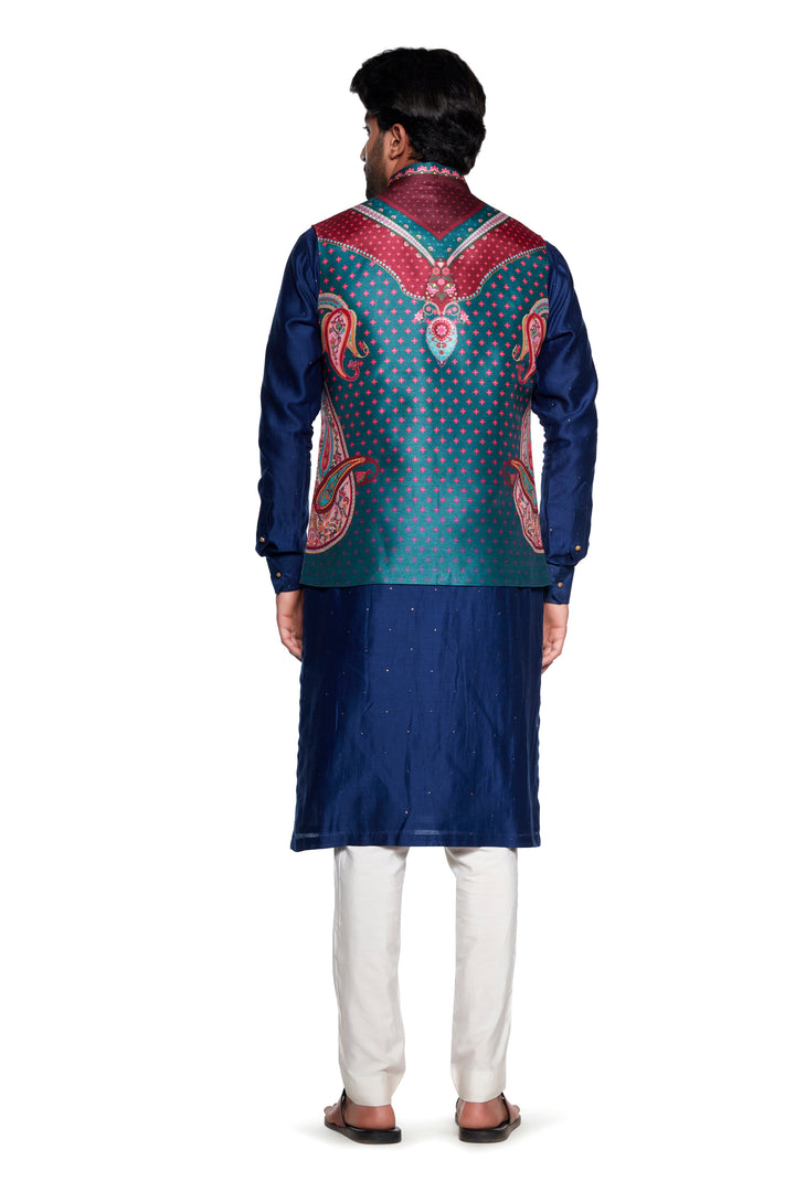 Maroon Blue Paisley Nehru Jacket-Mens Wear-Siddhartha Bansal