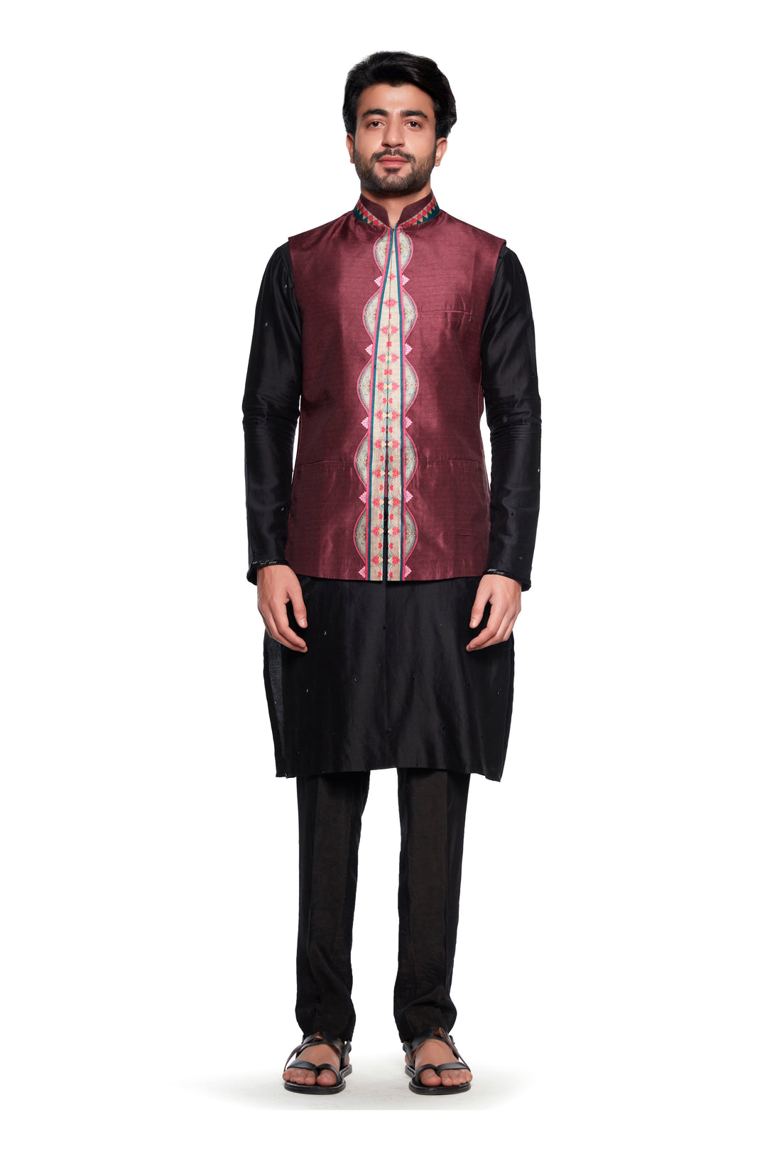 Cream Maroon Chintz Nehru Jacket-Mens Wear-Siddhartha Bansal