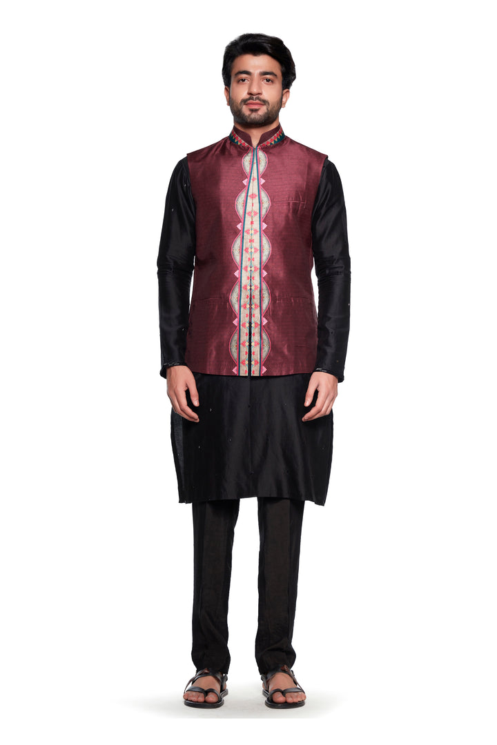 Cream Maroon Chintz Nehru Jacket-Mens Wear-Siddhartha Bansal