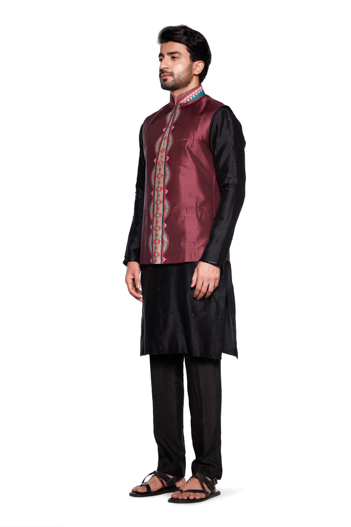 Cream Maroon Chintz Nehru Jacket-Mens Wear-Siddhartha Bansal