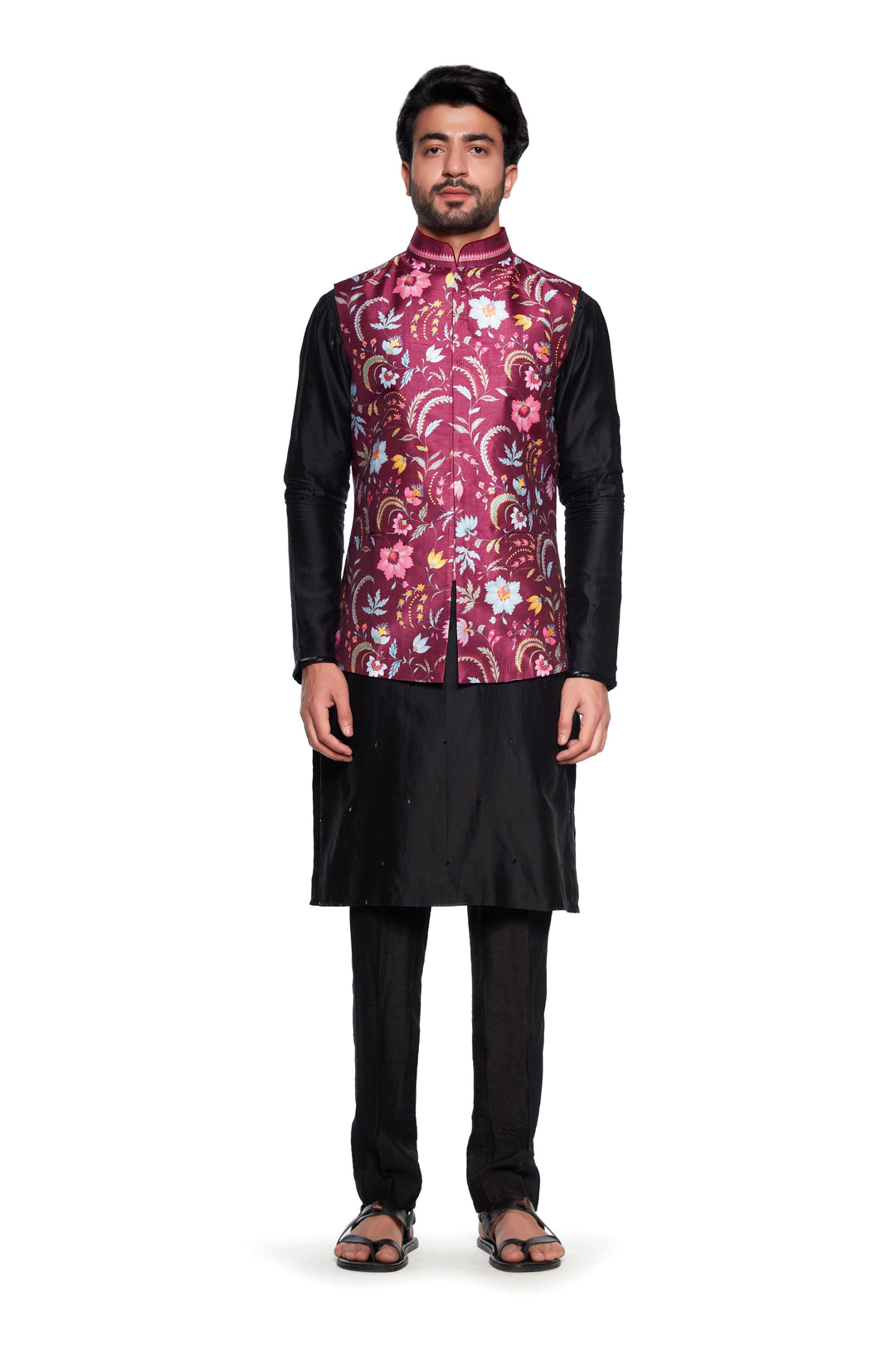 Maroon Chintz Nehru Jacket-Mens Wear-Siddhartha Bansal