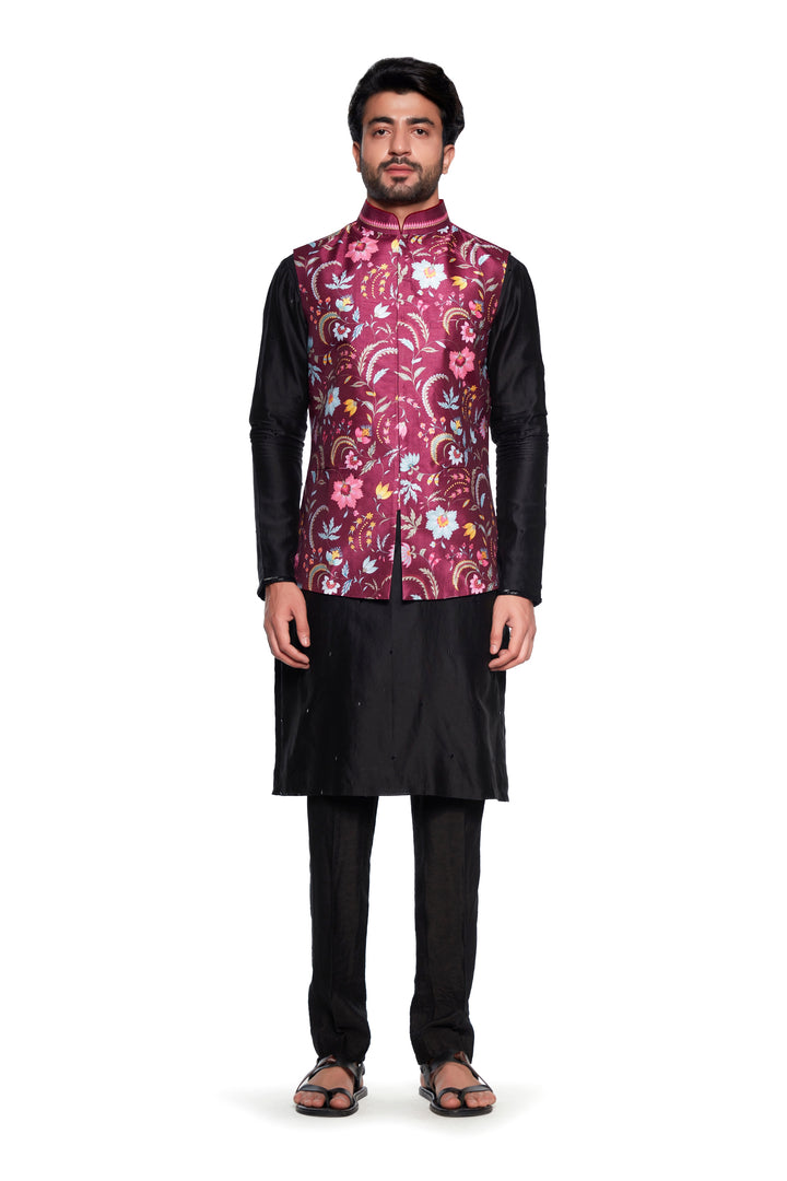 Maroon Chintz Nehru Jacket-Mens Wear-Siddhartha Bansal