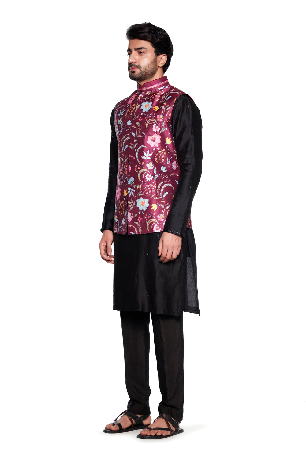 Maroon Chintz Nehru Jacket-Mens Wear-Siddhartha Bansal