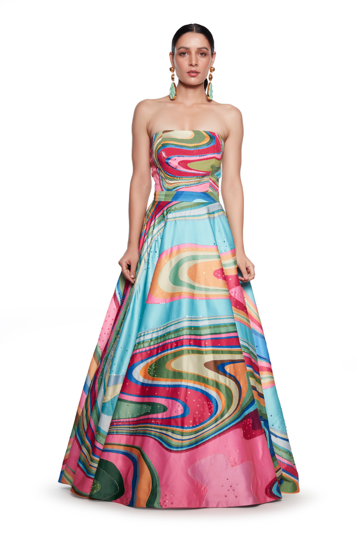 Mouni Roy In Multi Colour Wave Embroidered Gown-gowns, Indian Wear, Indian Wear-Siddhartha Bansal