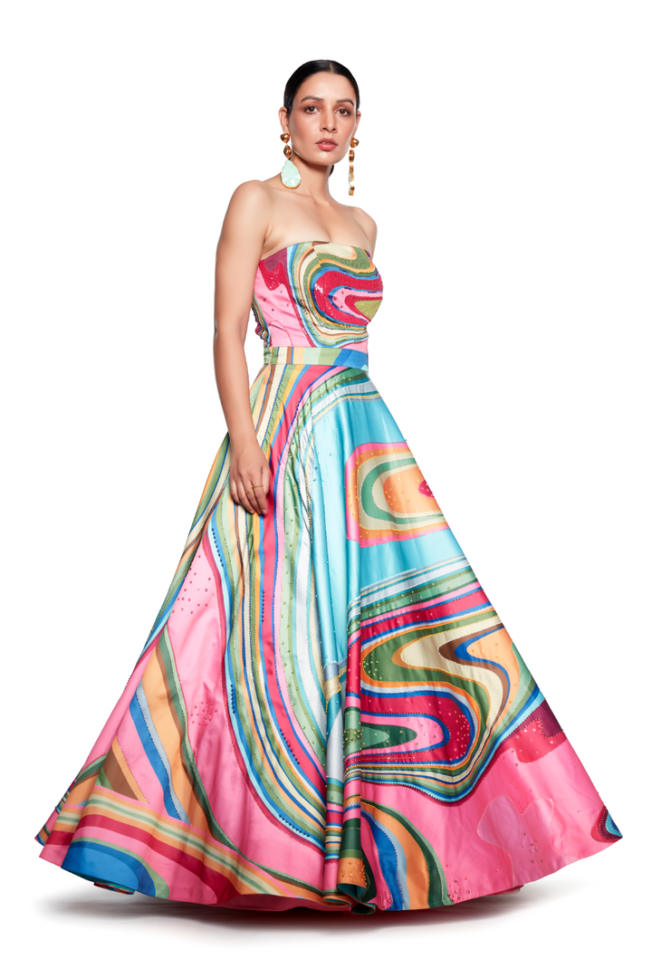Mouni Roy In Multi Colour Wave Embroidered Gown-gowns, Indian Wear, Indian Wear-Siddhartha Bansal