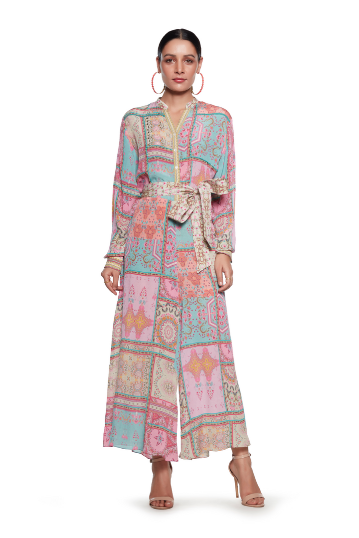Pink And Blue Embroidered Jumpsuit-Jumpsuit-Siddhartha Bansal