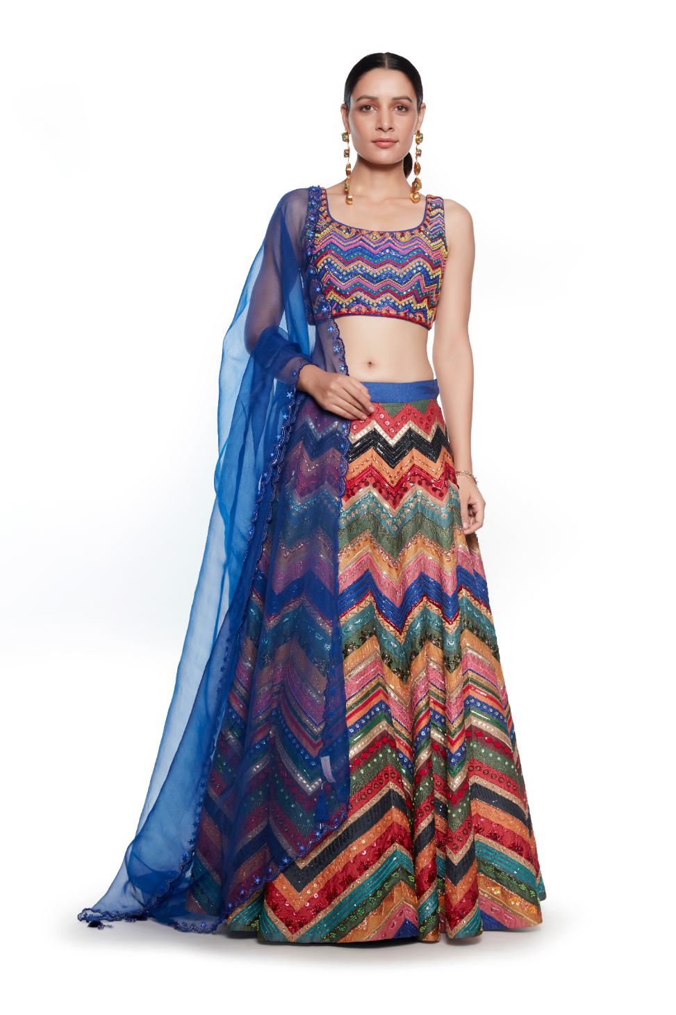 Blue Emb. Blouse With Blue Multi Waves Emb. Skirt And Blue Organza Emb. Dupatta-Siddhartha Bansal