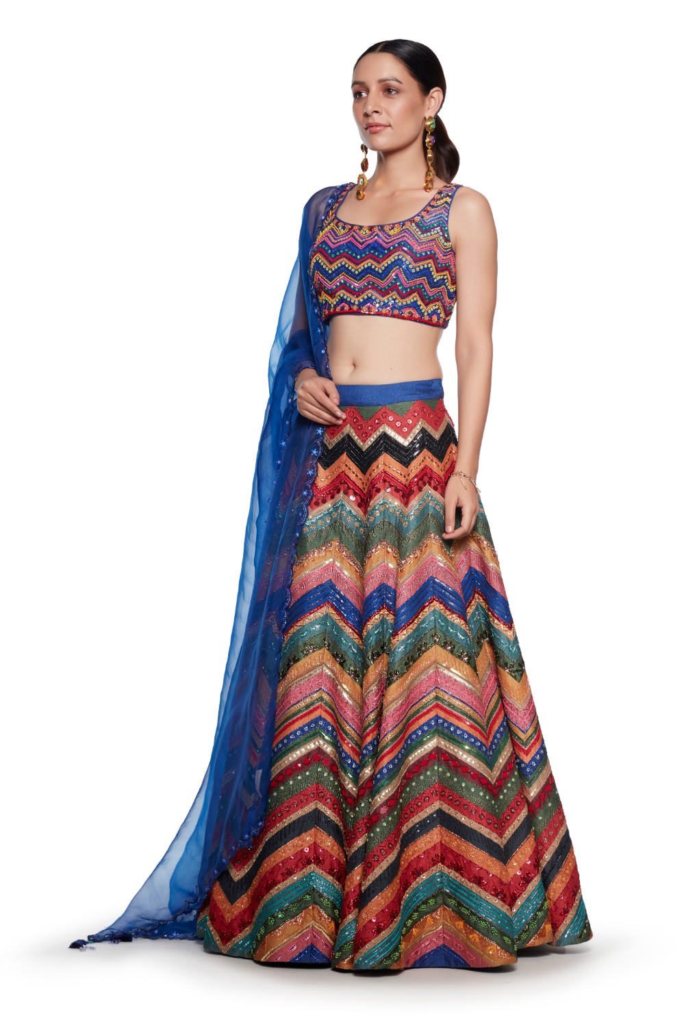 Blue Emb. Blouse With Blue Multi Waves Emb. Skirt And Blue Organza Emb. Dupatta-Siddhartha Bansal