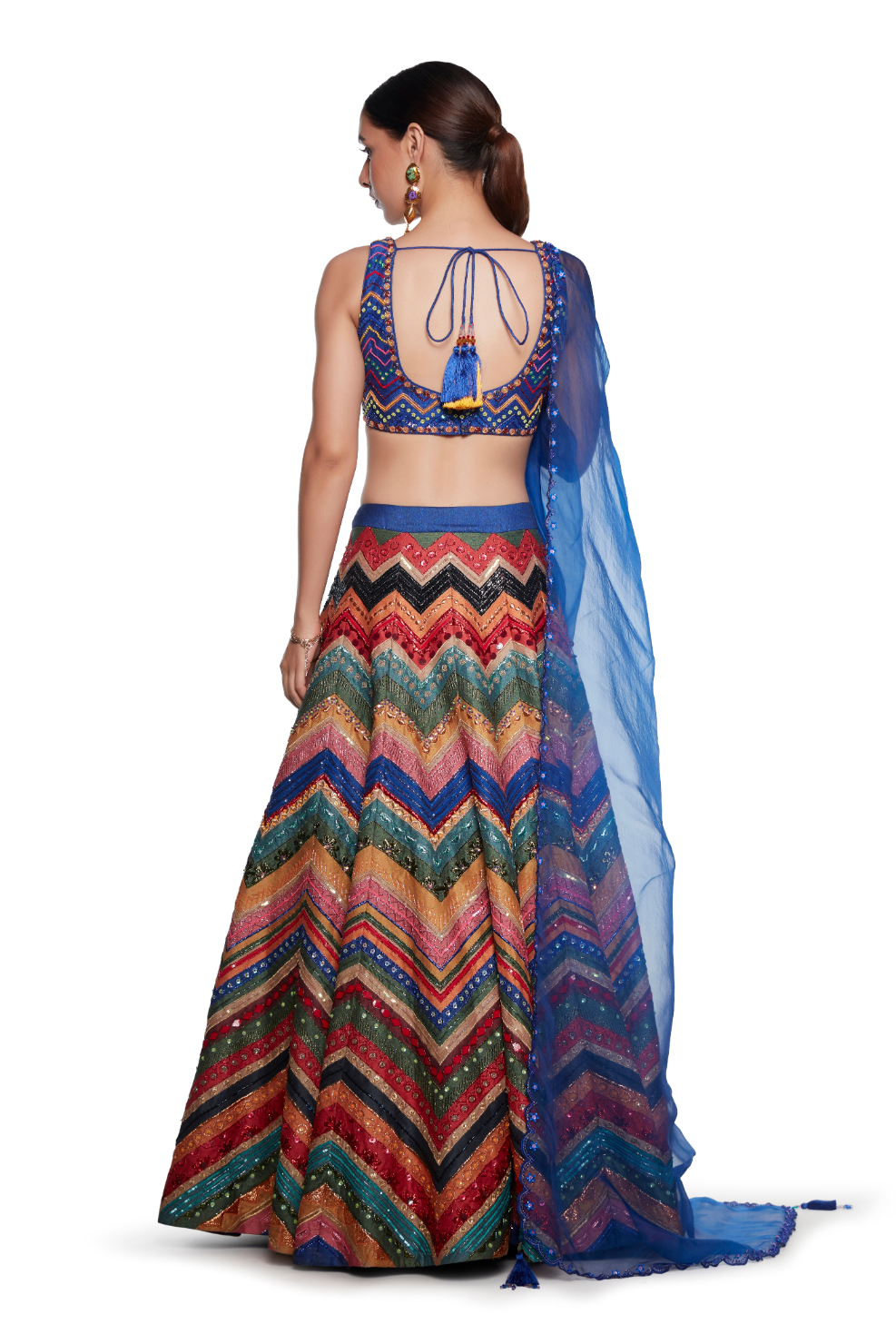 Blue Emb. Blouse With Blue Multi Waves Emb. Skirt And Blue Organza Emb. Dupatta-Siddhartha Bansal
