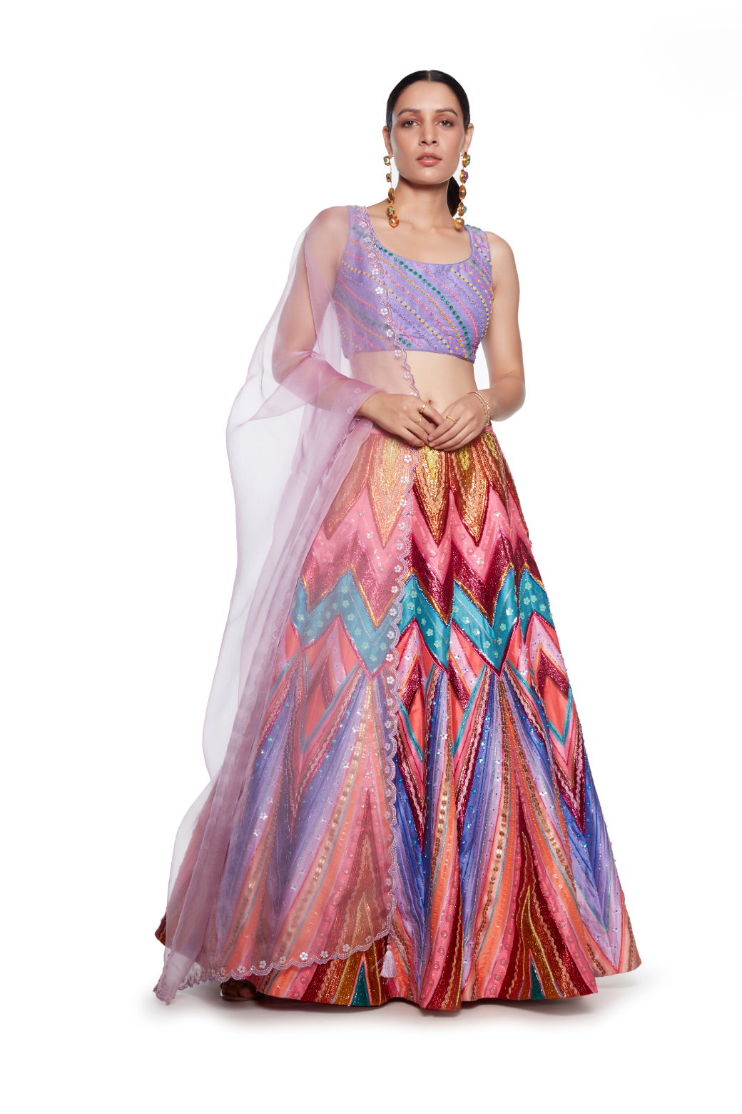 Lilac Emb. Blouse. Lilac With Multi Colour Waves Lurex Emb. Skirt, Lilac Organza Emb. Dupatta-Siddhartha Bansal