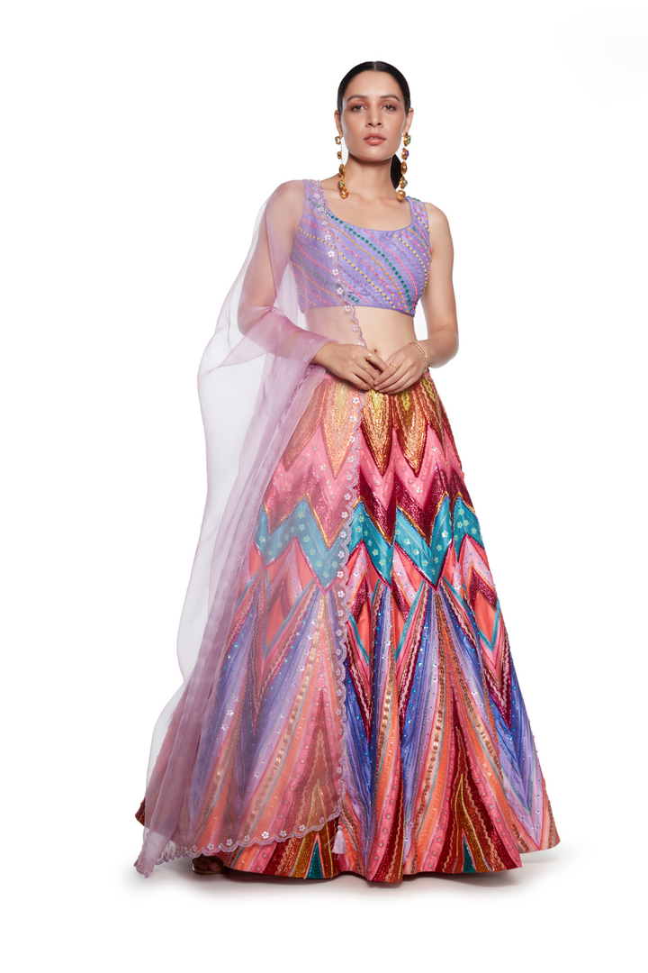 Lilac Emb. Blouse. Lilac With Multi Colour Waves Lurex Emb. Skirt, Lilac Organza Emb. Dupatta-Siddhartha Bansal