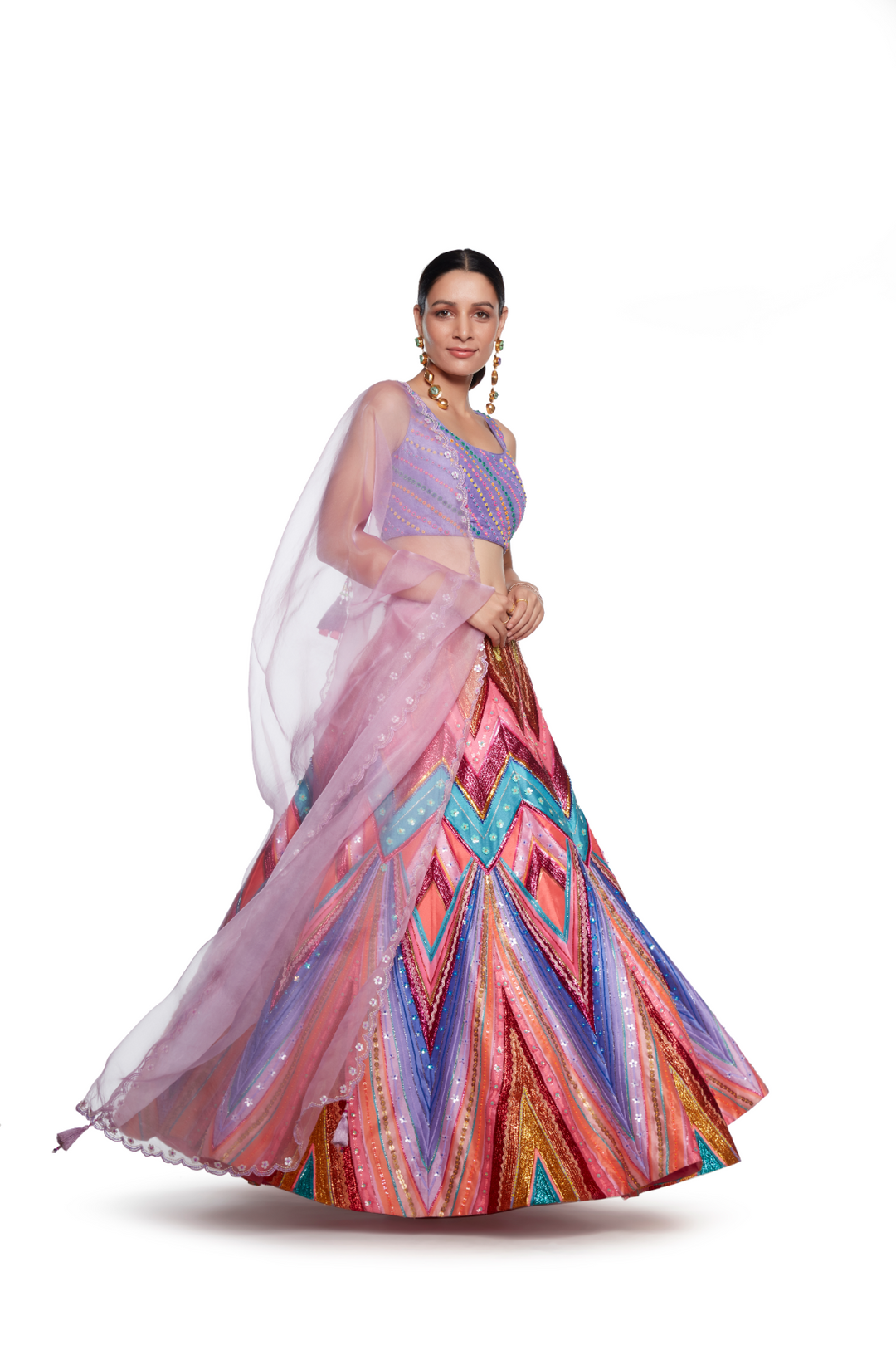 Lilac Emb. Blouse. Lilac With Multi Colour Waves Lurex Emb. Skirt, Lilac Organza Emb. Dupatta-Siddhartha Bansal