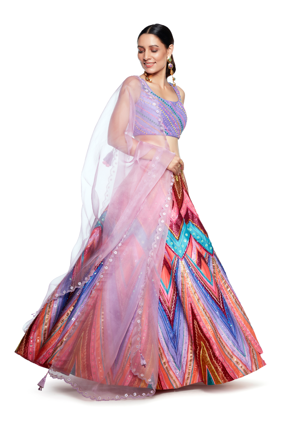 Lilac Emb. Blouse. Lilac With Multi Colour Waves Lurex Emb. Skirt, Lilac Organza Emb. Dupatta-Siddhartha Bansal