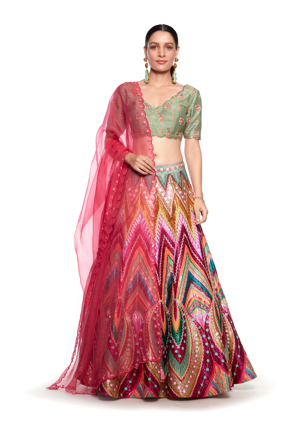 Green Scalping Emb. Blouse ,Green With Multi Colour Waves Lurex Emb. Skirt ,Dark Pink Organza Emb. Dupatta-Siddhartha Bansal