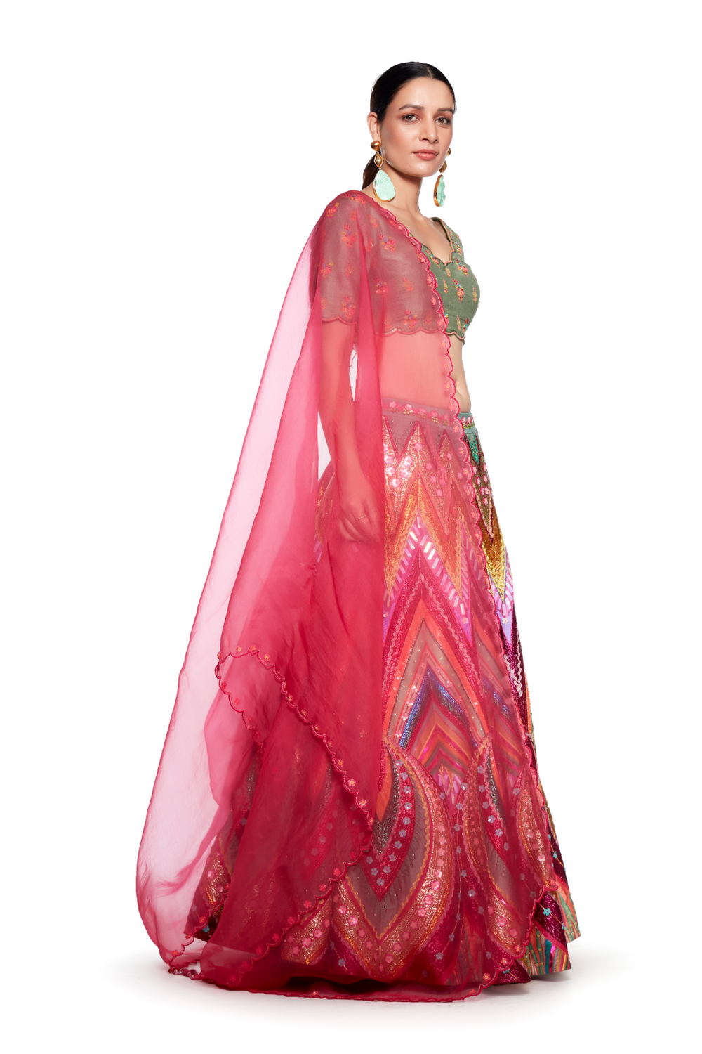 Green Scalping Emb. Blouse ,Green With Multi Colour Waves Lurex Emb. Skirt ,Dark Pink Organza Emb. Dupatta-Siddhartha Bansal