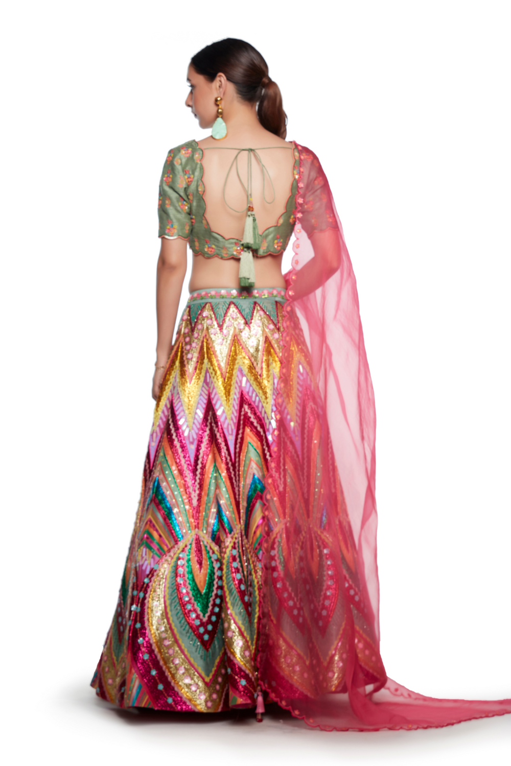 Green Scalping Emb. Blouse ,Green With Multi Colour Waves Lurex Emb. Skirt ,Dark Pink Organza Emb. Dupatta-Siddhartha Bansal