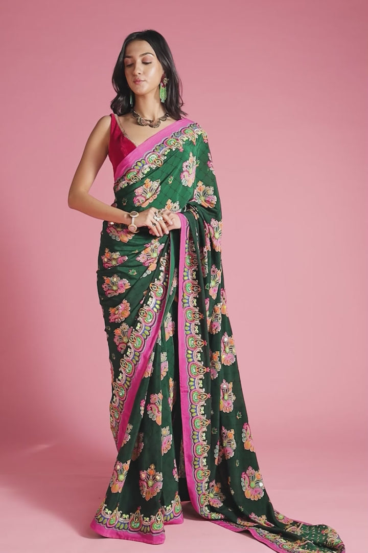 Emerald Sea Green Royal Paisely Embroidered Saree Set