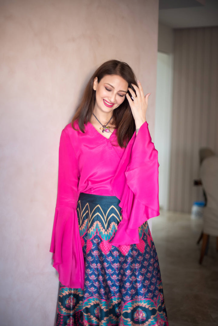 Pink Chintz Running Crop Top, And Yellow Pink Chintz Bagh Skirt-Lehenga-Siddhartha Bansal