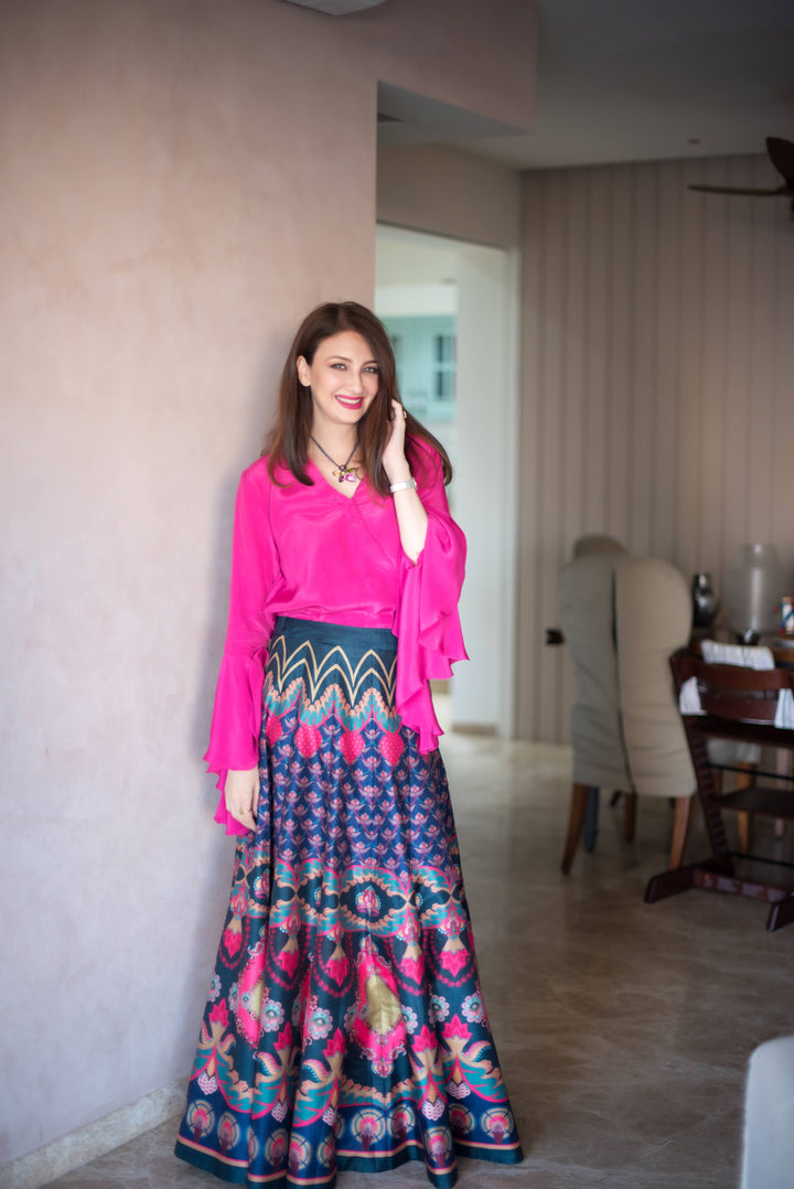 Pink Chintz Running Crop Top, And Yellow Pink Chintz Bagh Skirt-Lehenga-Siddhartha Bansal